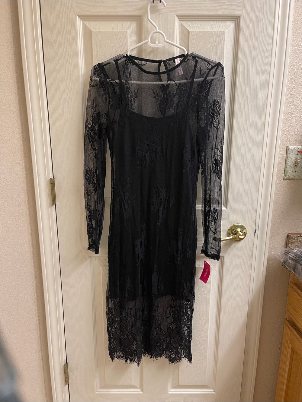 Xhilaration Black Floral Lace Long Sleeve Slip Dress